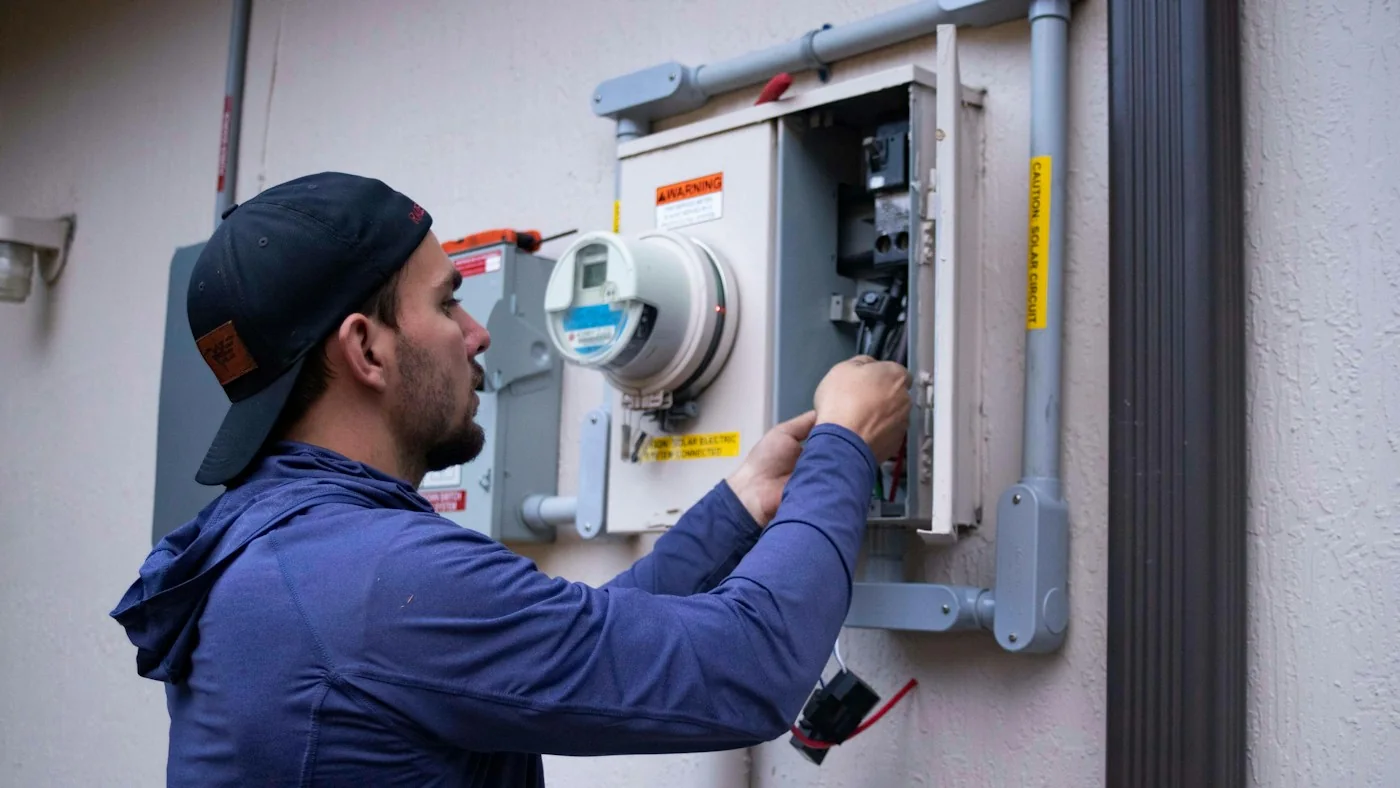 Electrician working at an open electrical meter and service panel