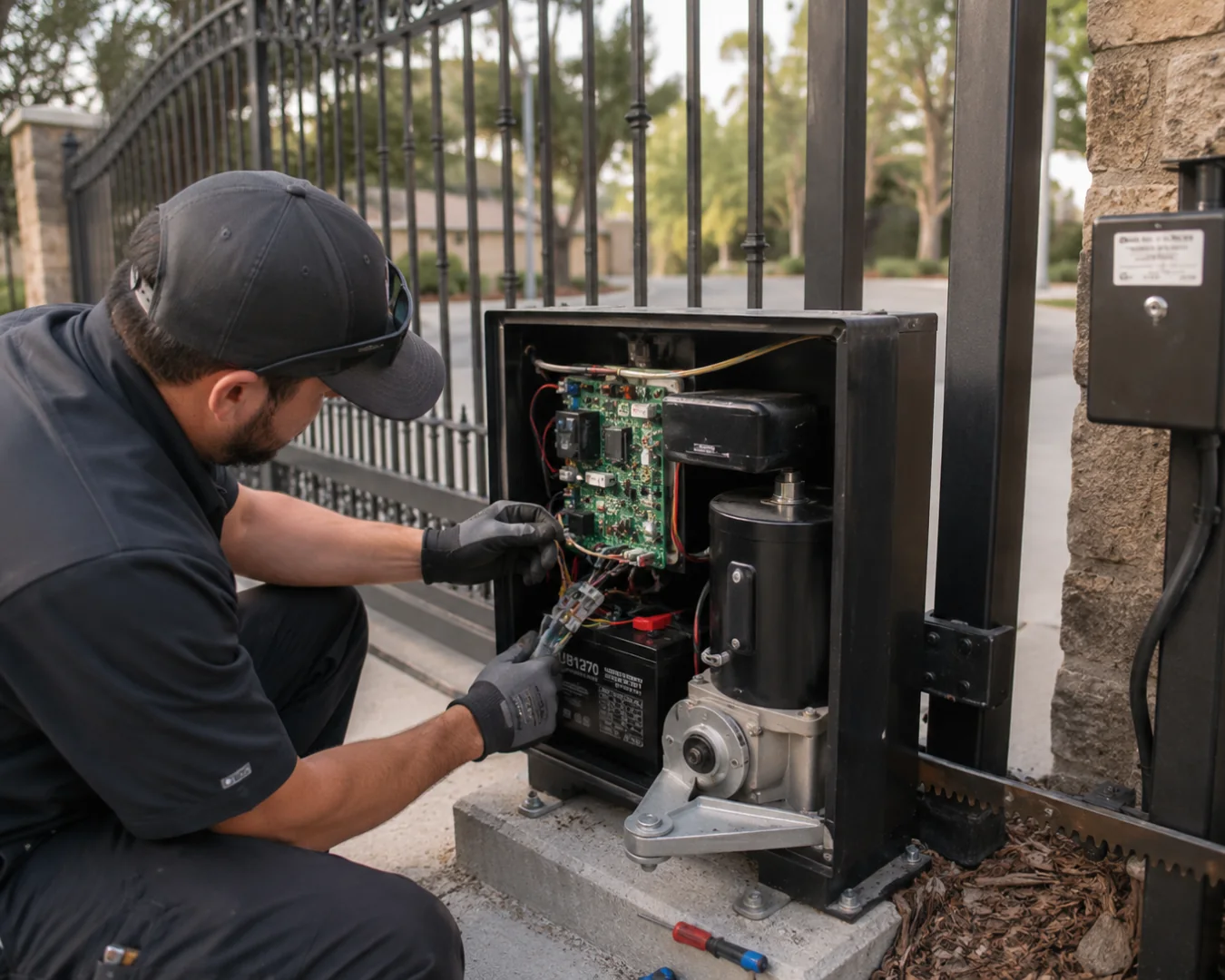 Technician beside an open electrical gate control enclosure