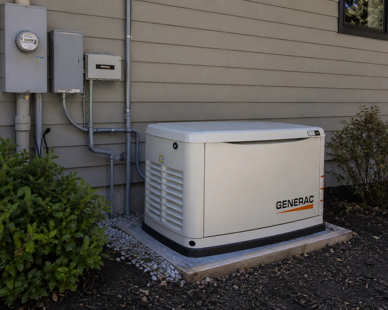 Standby generator outside a house beside electrical equipment