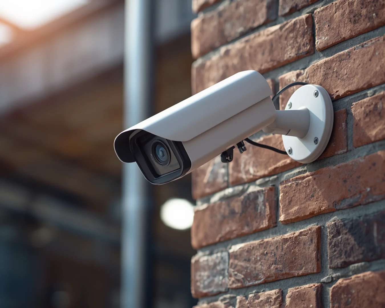 Wall-mounted outdoor security camera on a brick wall